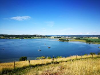 Scenic view of lake against blue sky