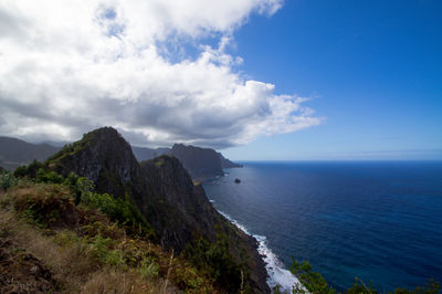 Scenic view of sea and mountains against sky