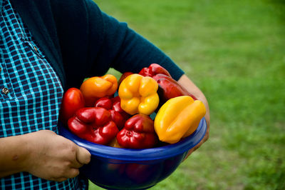 Midsection of man holding red bell peppers