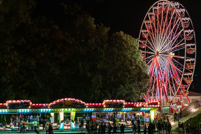 Illuminated ferris wheel against sky at night