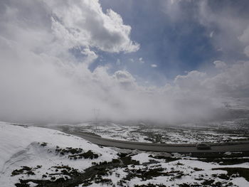 Snow covered landscape against sky