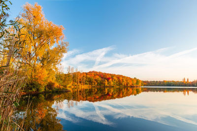 Reflection of trees in lake against sky during autumn