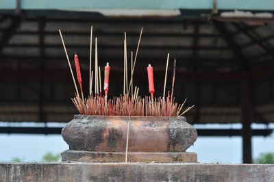 Low angle view of incense sticks in container at temple