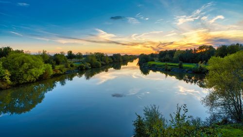 Scenic view of lake against sky during sunset