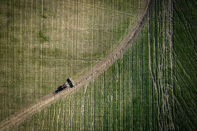 High angle view of tractor walking on field