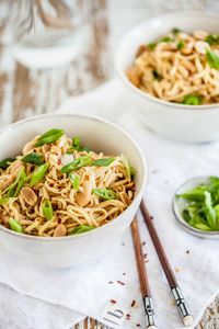 Close-up of fried noodles in bowl on table