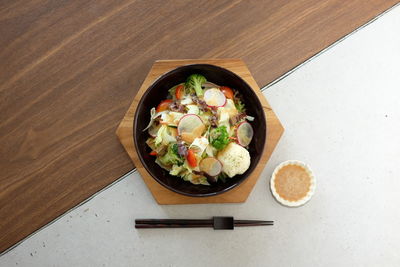 High angle view of food in bowl on table