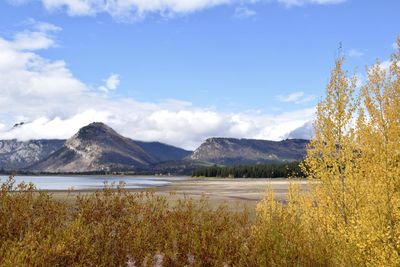 Scenic view of lake and mountains against sky