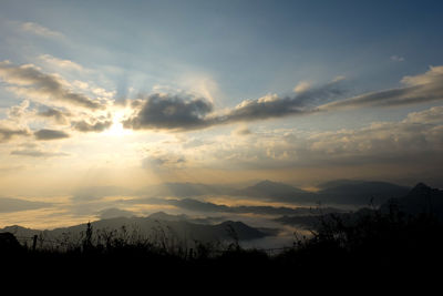 Scenic view of silhouette mountains against sky at sunset