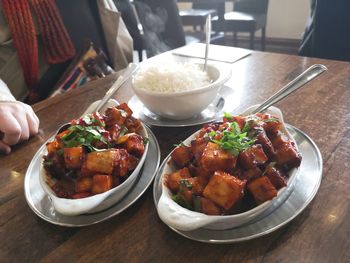 High angle view of food in plate on table