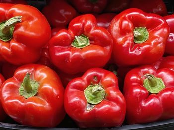 Close-up of red bell peppers for sale in market