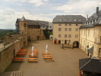 High angle view of buildings in town