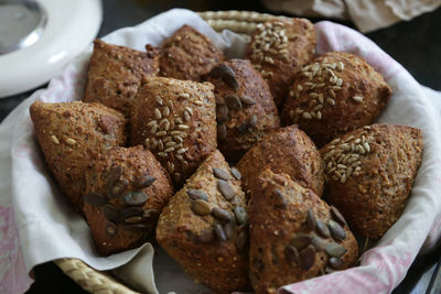 High angle view of bread rolls in a basket 