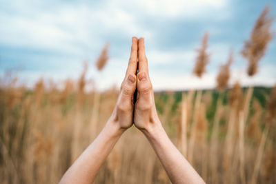 Cropped hand of woman gesturing in field