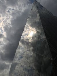 Low angle view of modern building against cloudy sky