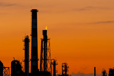 Low angle view of factory against sky during sunset