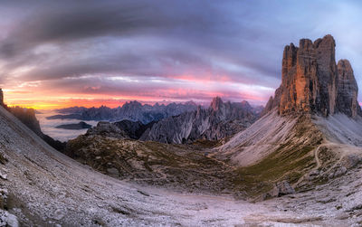 Scenic view of rock formation against sky during sunset