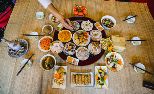 High angle view of meal served on table