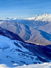 Scenic view of snowcapped mountains against sky