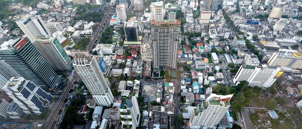 High angle view of modern buildings in city