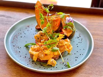 High angle view of food in plate