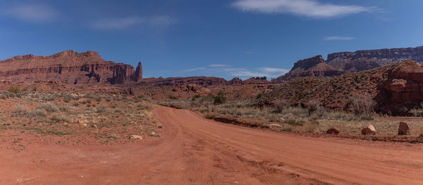 Rugged terrain and red rock formations of fisher towers