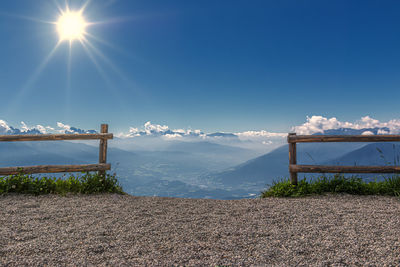 Scenic view of snowcapped mountains against bright sky