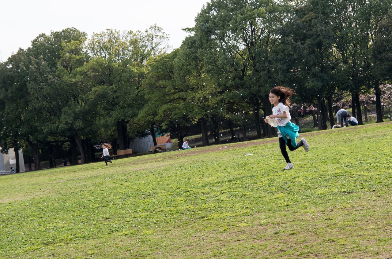 tree, full length, grass, lifestyles, leisure activity, childhood, casual clothing, green color, boys, togetherness, park - man made space, girls, men, elementary age, person, bonding, growth