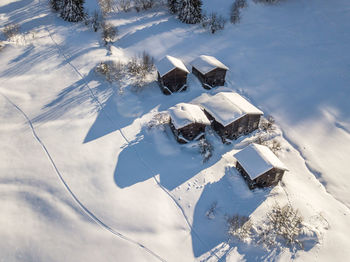 High angle view of snow covered field