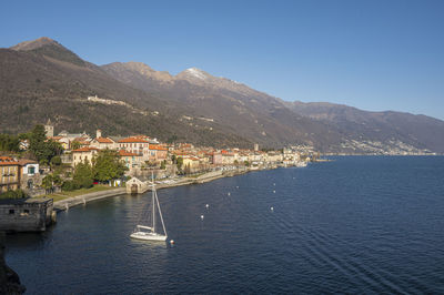 High angle view of the lakefront of cannobio and lake maggiore