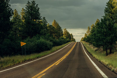 Empty road amidst trees against sky