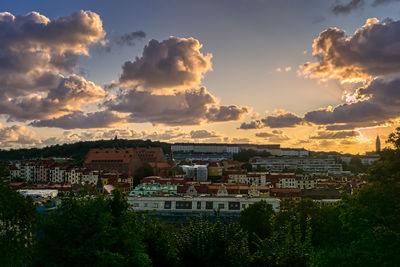 High angle view of townscape against sky at sunset