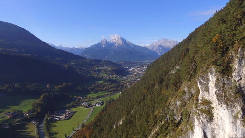 Scenic view of river and mountains against clear sky