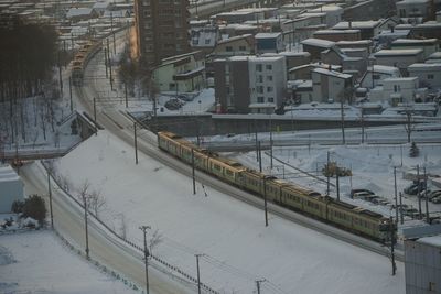 High angle view of city during winter