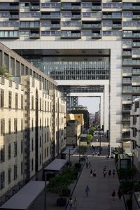 High angle view of buildings in city, kranhäuser cologne, germany