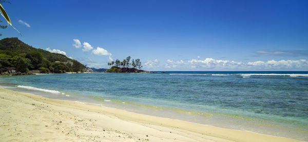 Scenic view of beach against blue sky