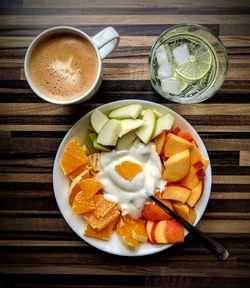 High angle view of breakfast served on table