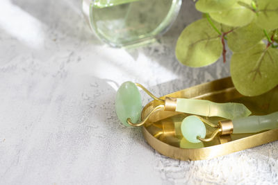 High angle view of wine glass on table