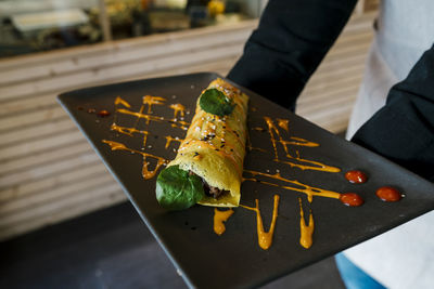 High angle view of food served on table