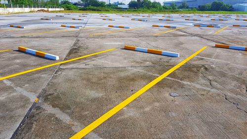 High angle view of zebra crossing in parking lot