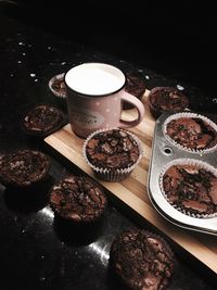 High angle view of chocolate cake on table