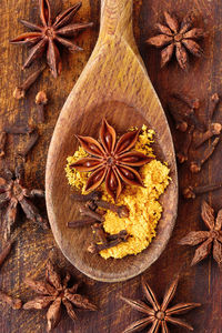 Directly above shot of spices in spoon on table