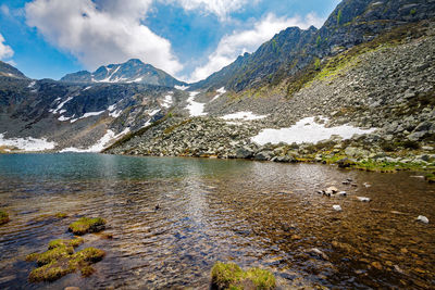 Scenic view of lake and mountains against sky