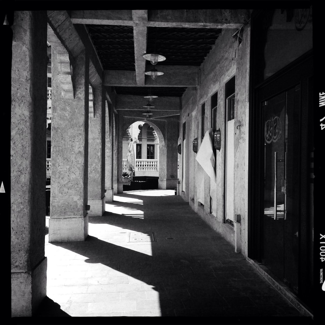 architecture, transfer print, built structure, the way forward, auto post production filter, building exterior, diminishing perspective, indoors, building, empty, in a row, corridor, narrow, sunlight, street, no people, day, walkway, long, architectural column