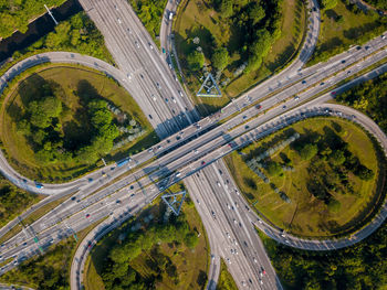 High angle view of bridge over road in city