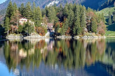 Scenic view of lake by trees and mountains