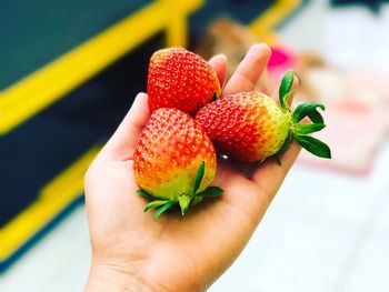 Close-up of hand holding strawberries