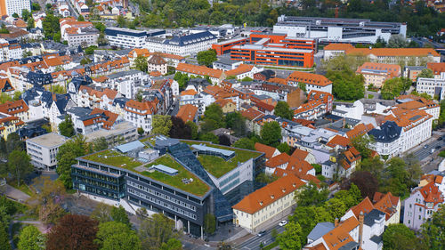 High angle view of buildings in city