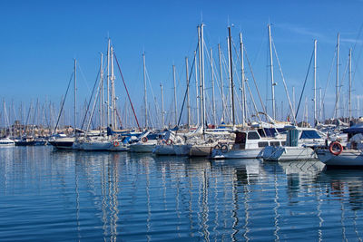 Sailboats moored at harbor against blue sky