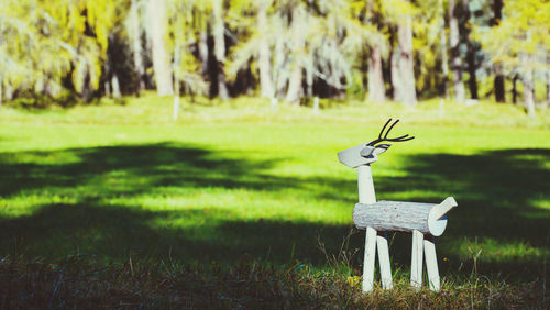 Wood deer on field in park